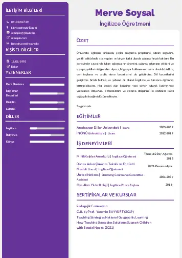 Yabancı Dil Öğretmeni Cv Örnekleri cv indir